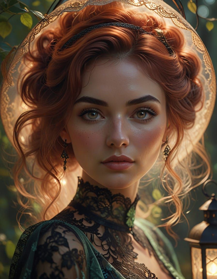 Ethereal Portrait of a Young Woman in Red and Black Gown, Mi...