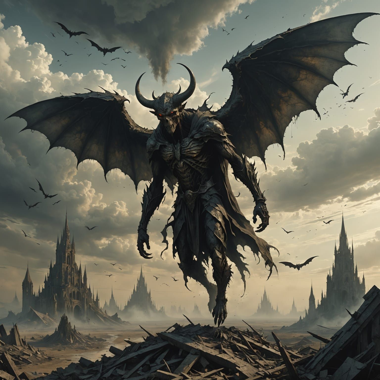 Floating Demon Over Ruined World, Vector Art