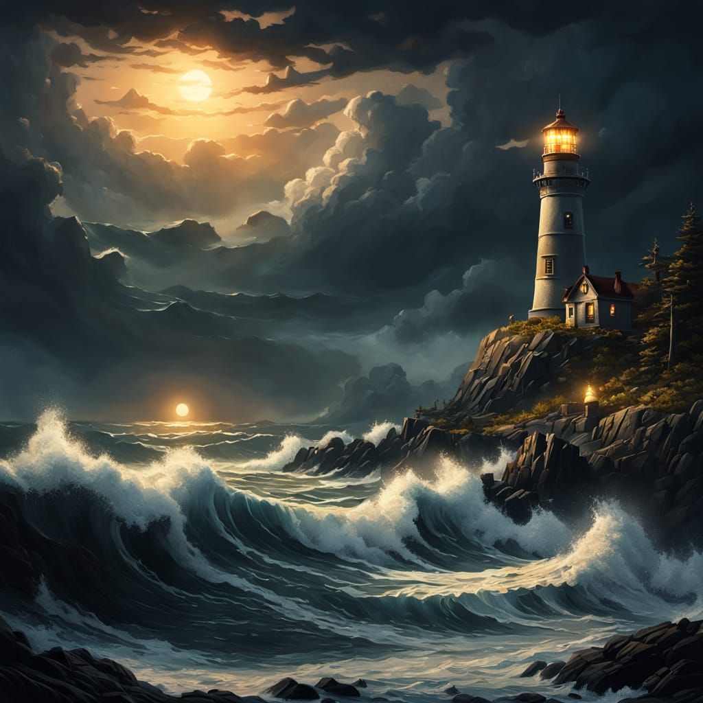 Ominous Lighthouse on Rocky Coast in Dark Fantasy