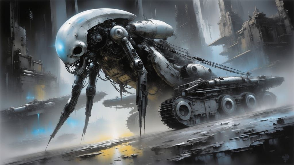 Alien War Machine in Ruined Cityscape