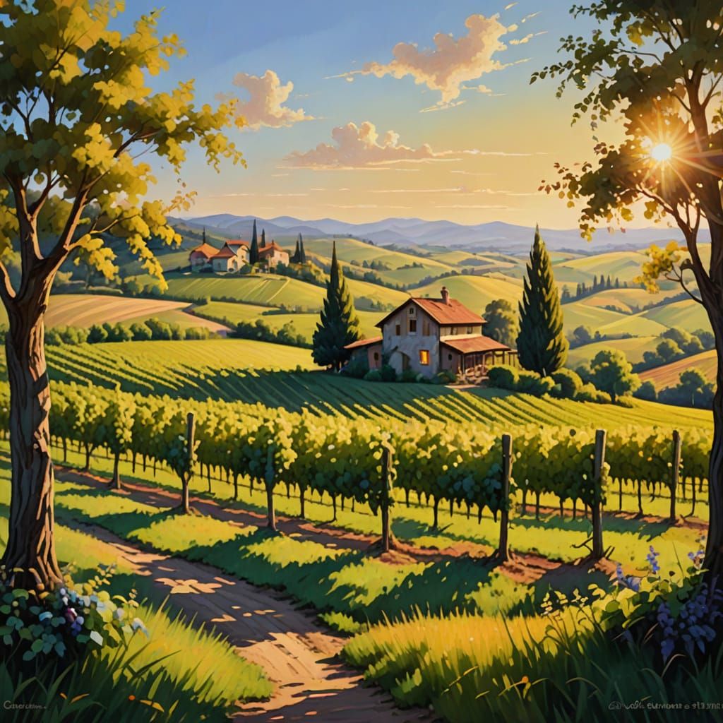 Golden Vineyard Landscape in Warm Oil Painting Style
