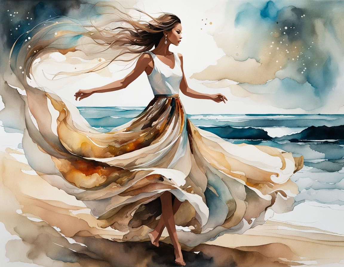 Abstract Beachside Dress in Watercolor and Ink