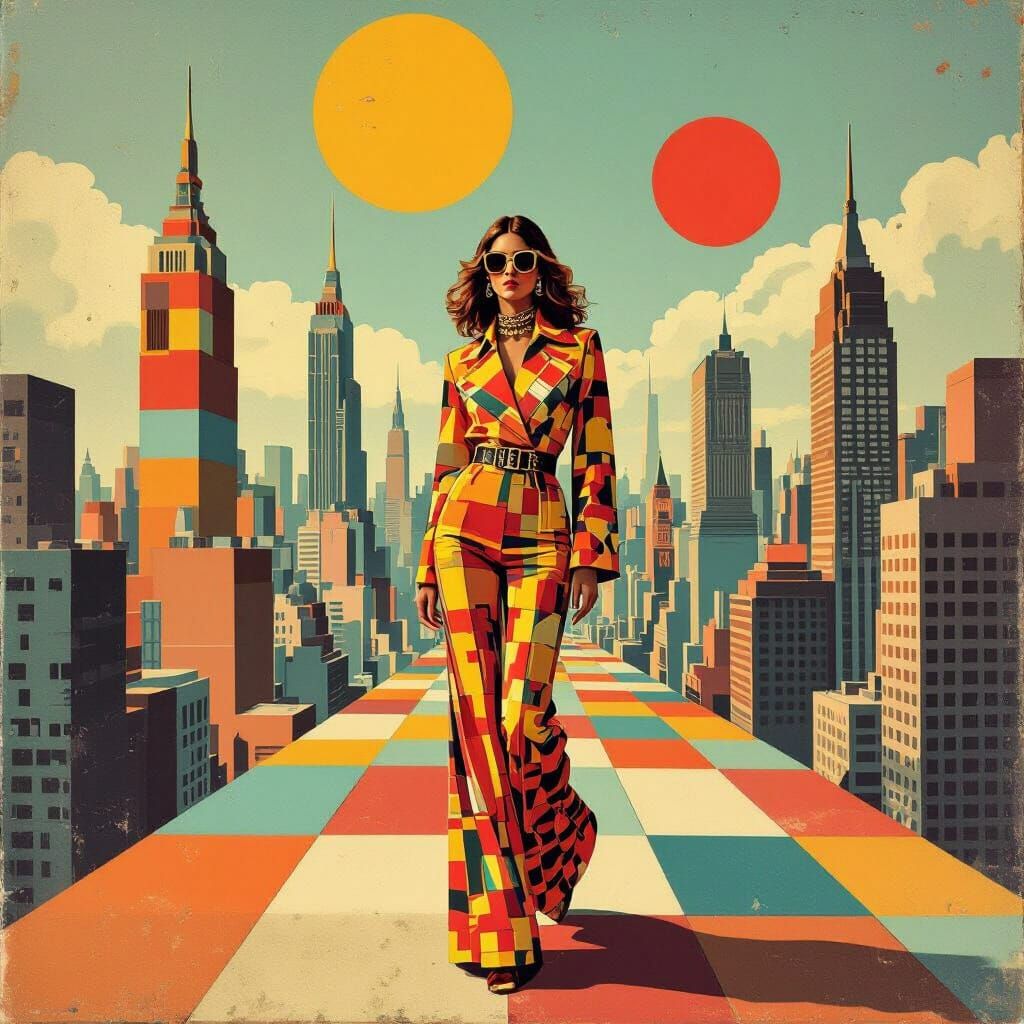 1970s Fashion Model in Geometric Cityscape