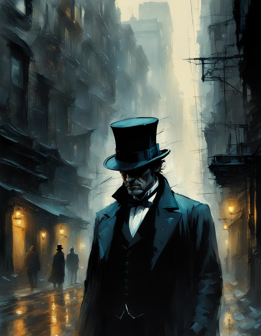 Shadowy Man in Top Hat in Gloomy Gotham Alley
