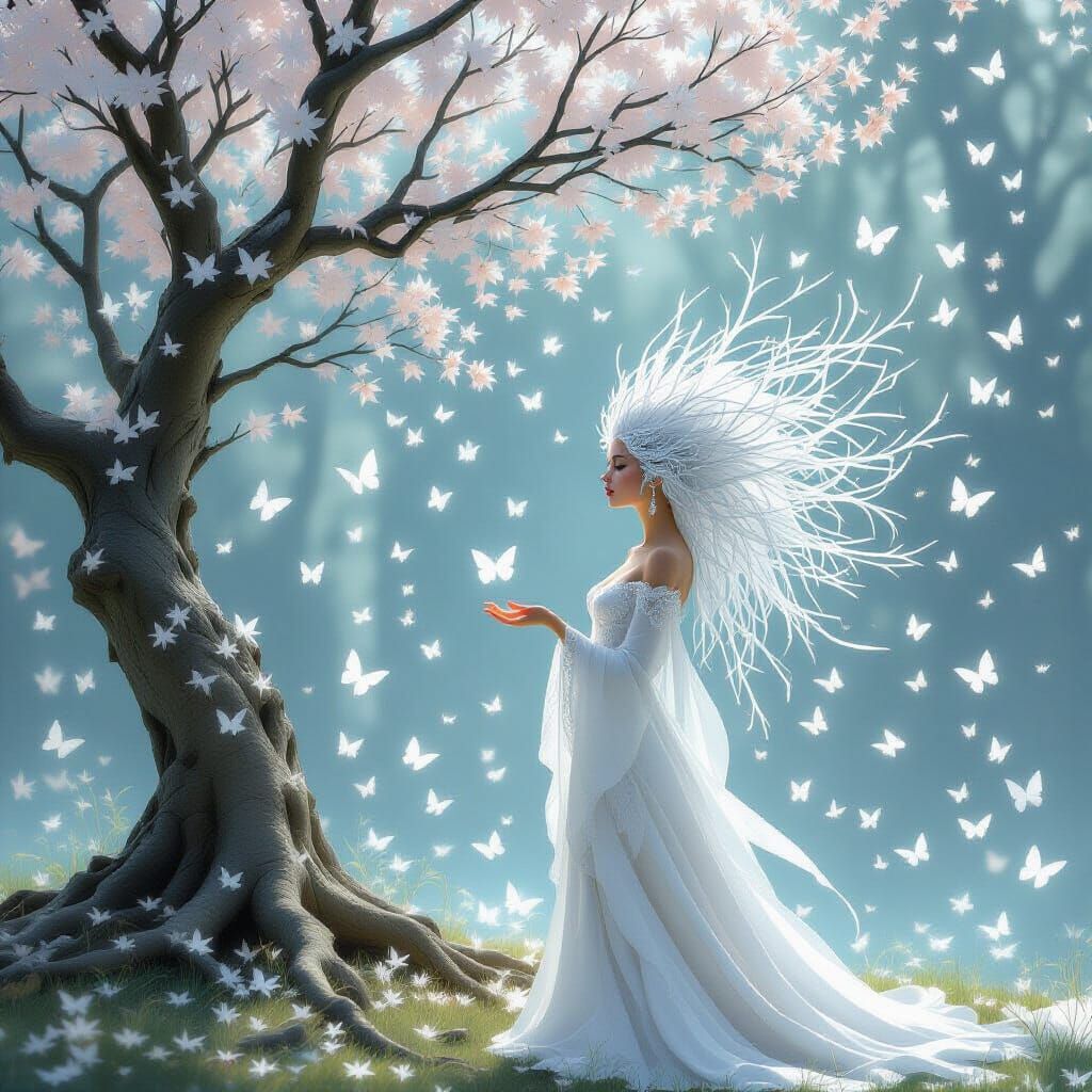 Ethereal Woman with Crystalline Hair in Dreamlike Art