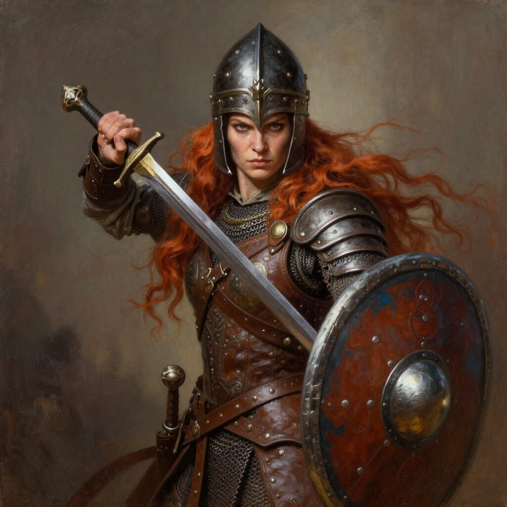 Early Medieval Warrior Woman in Chainmail Armor with Sword a...