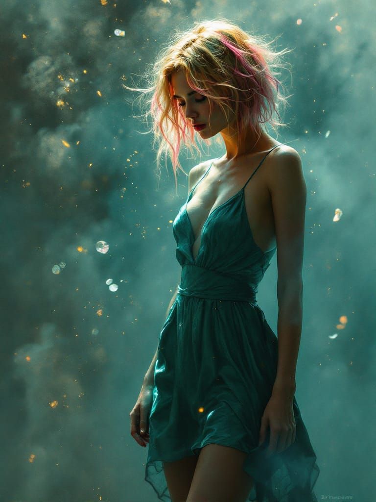 Woman with Pink Tipped Hair in Cyan Dress, Ethereal Mist