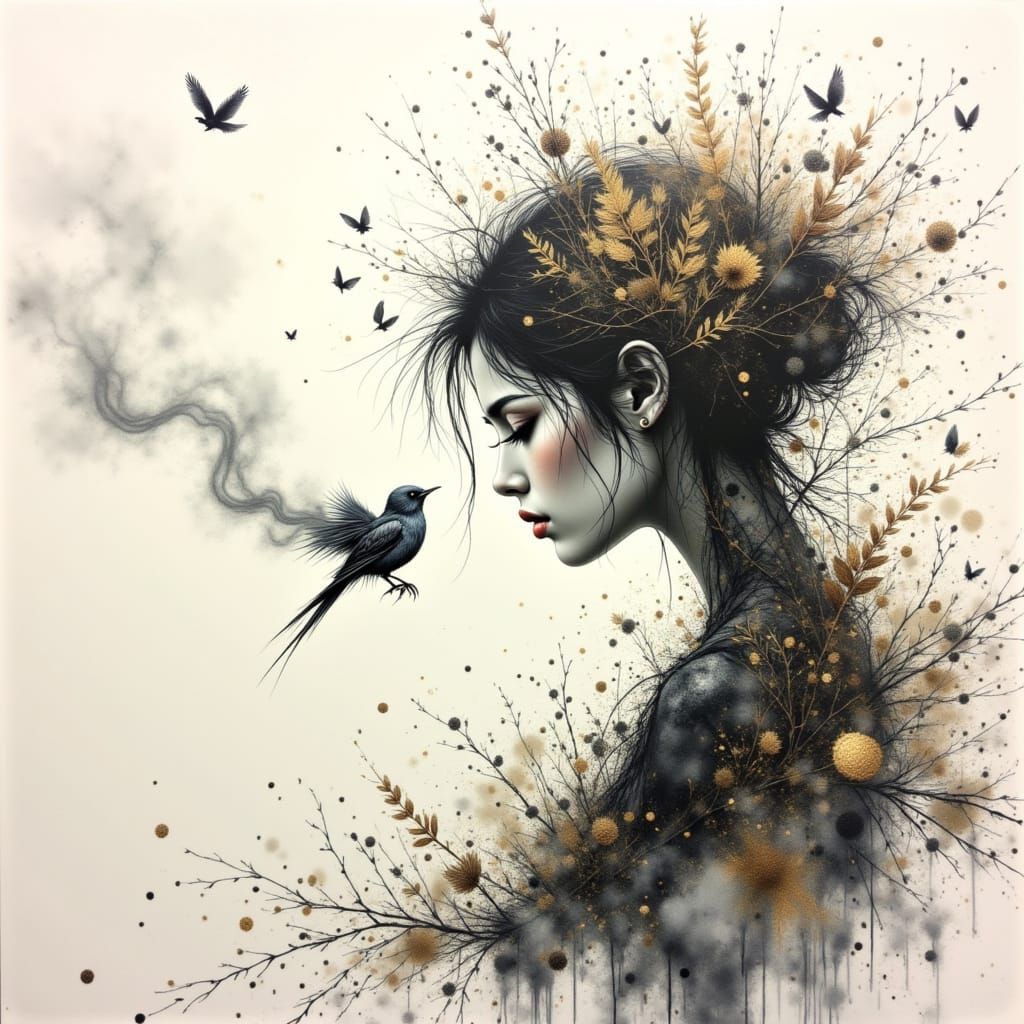 Ethereal Woman Portrait in Ink and Smoke