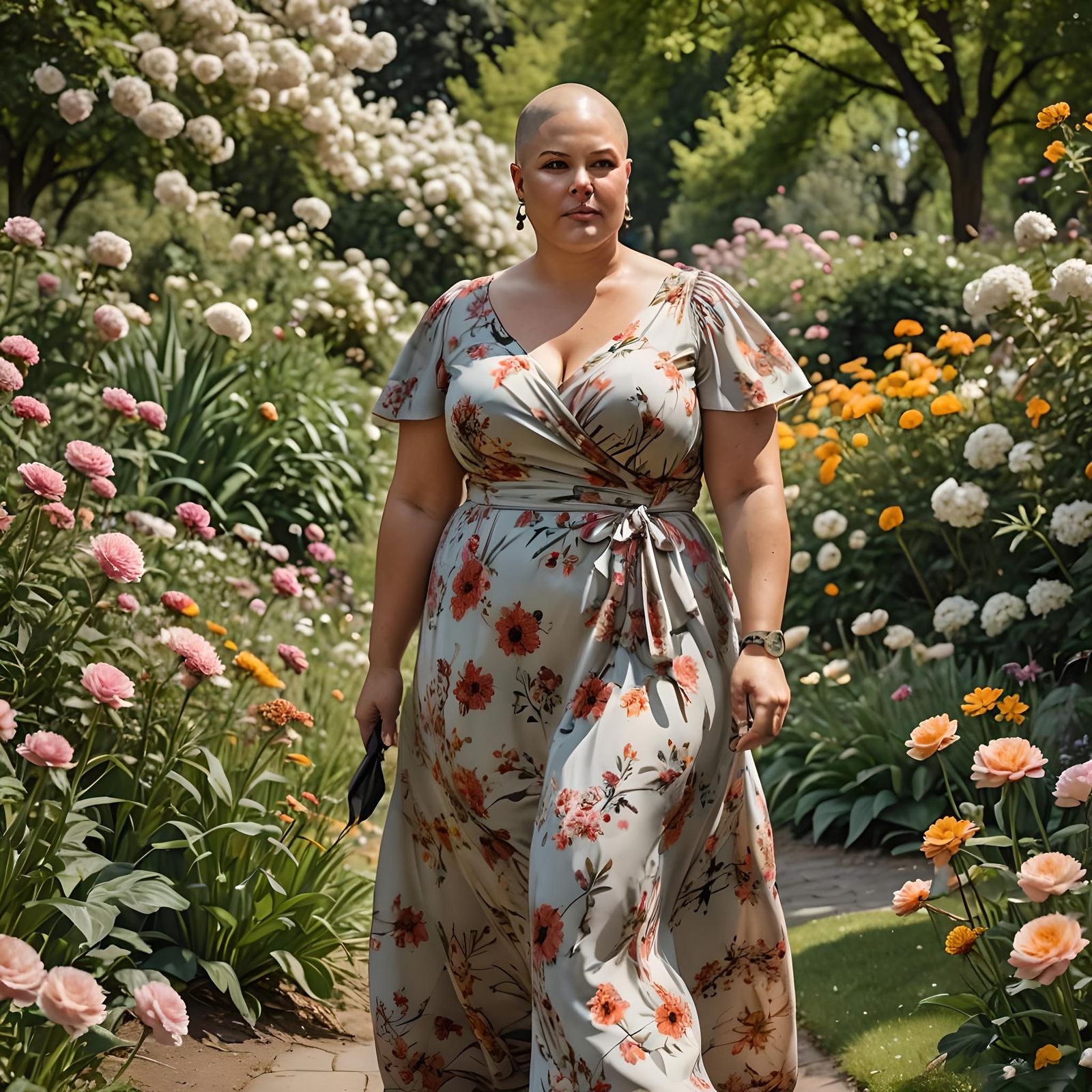 Elegant Woman with Shaved Head in Floral Park