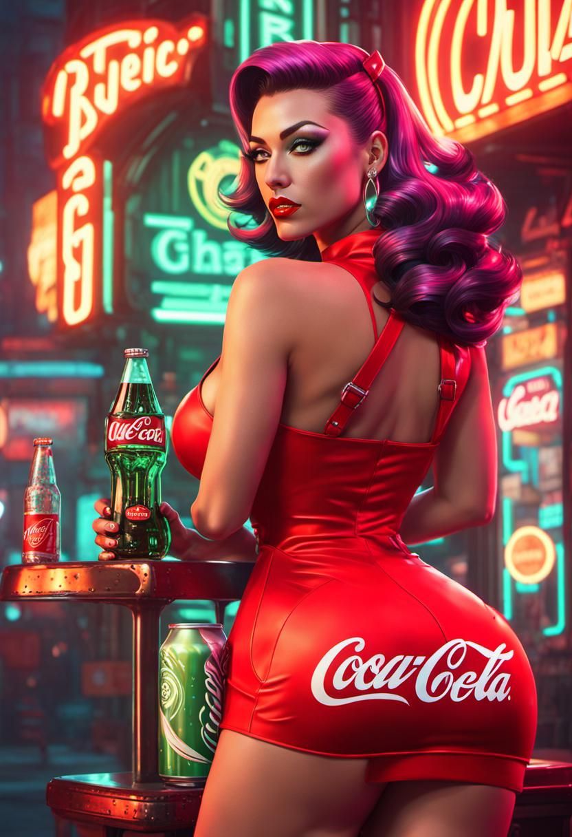 Cyberpunk Pinup Soda Ad in Neon Dystopia