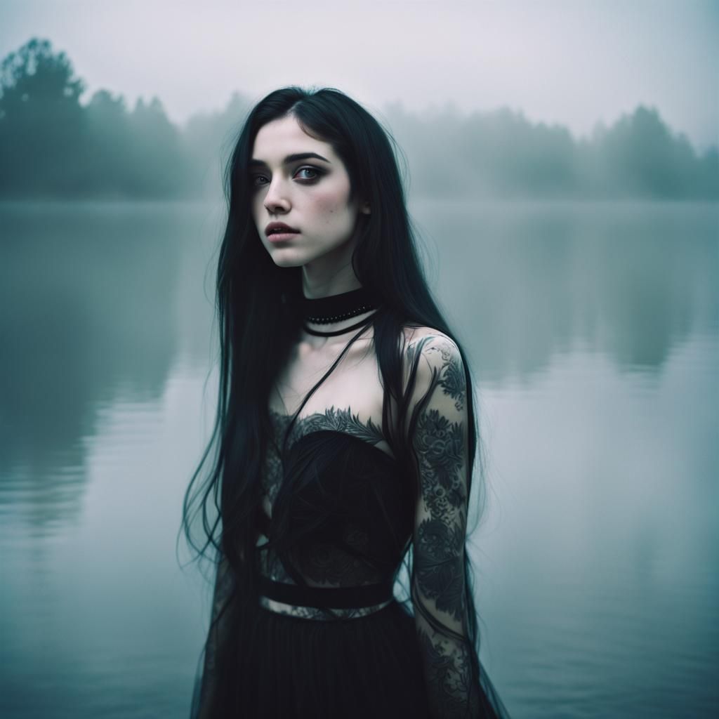Ethereal Goth Woman in Iceland Hot Spring: Analog Photo