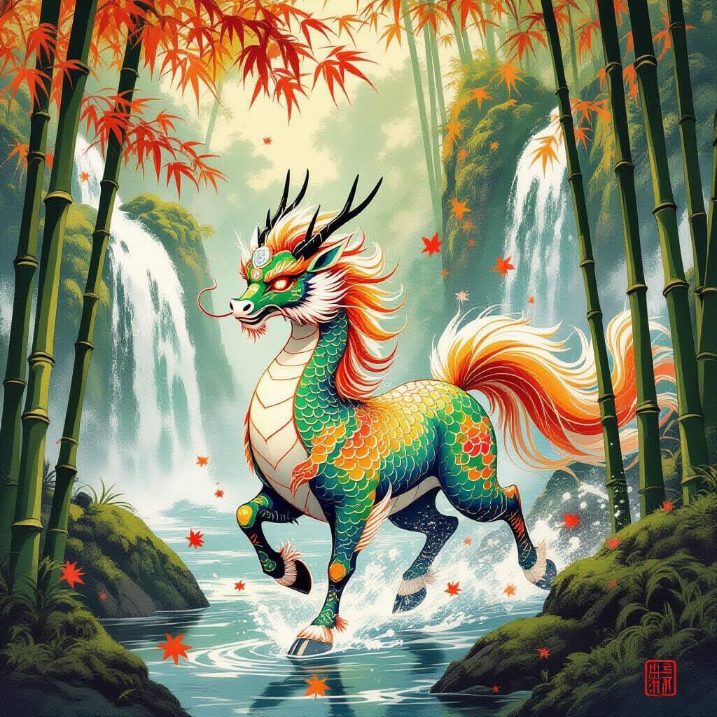 Majestic Kirin Prances Through Autumn Forest in Ukiyo-e Styl...