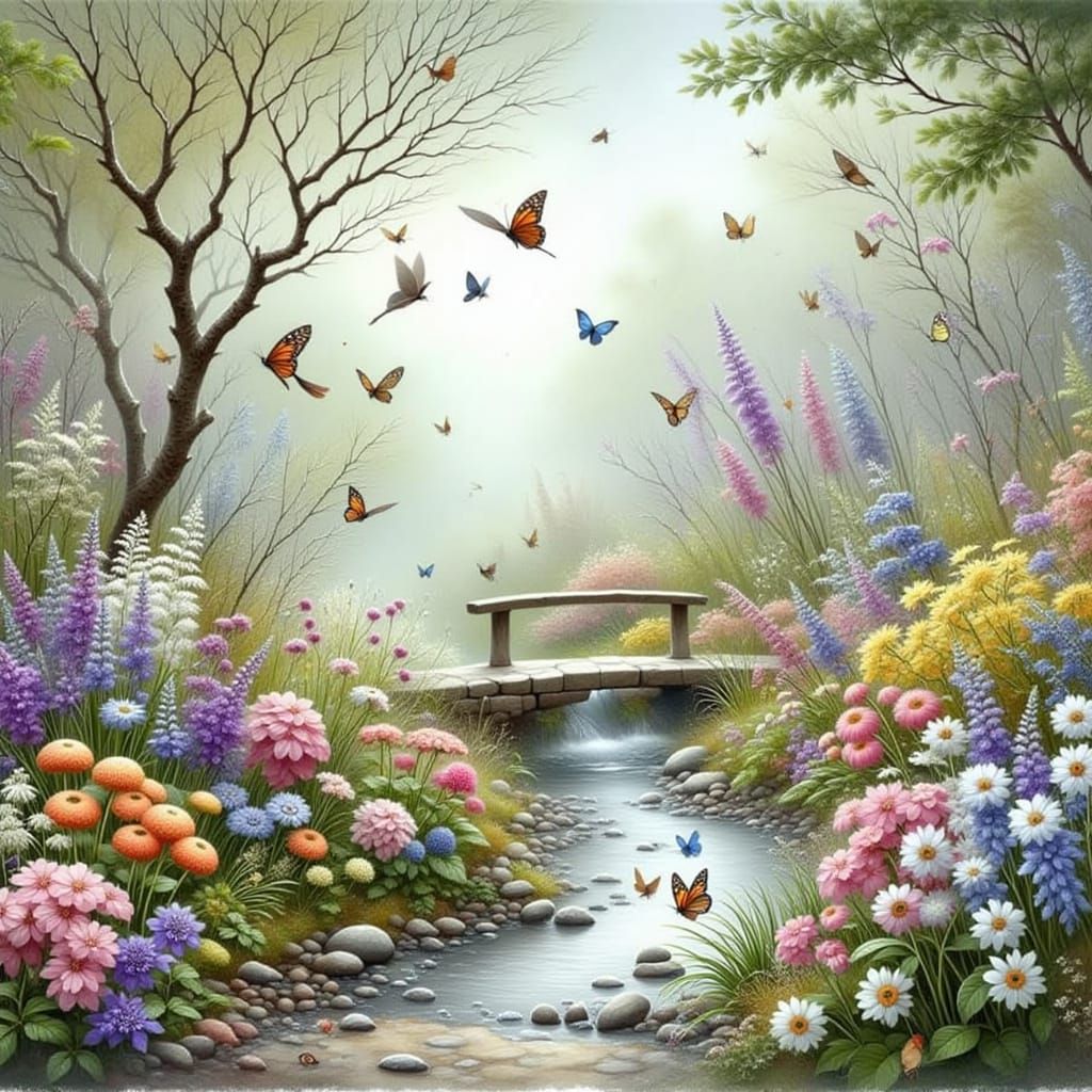Vibrant Butterfly Garden with Creek in Impressionistic Style