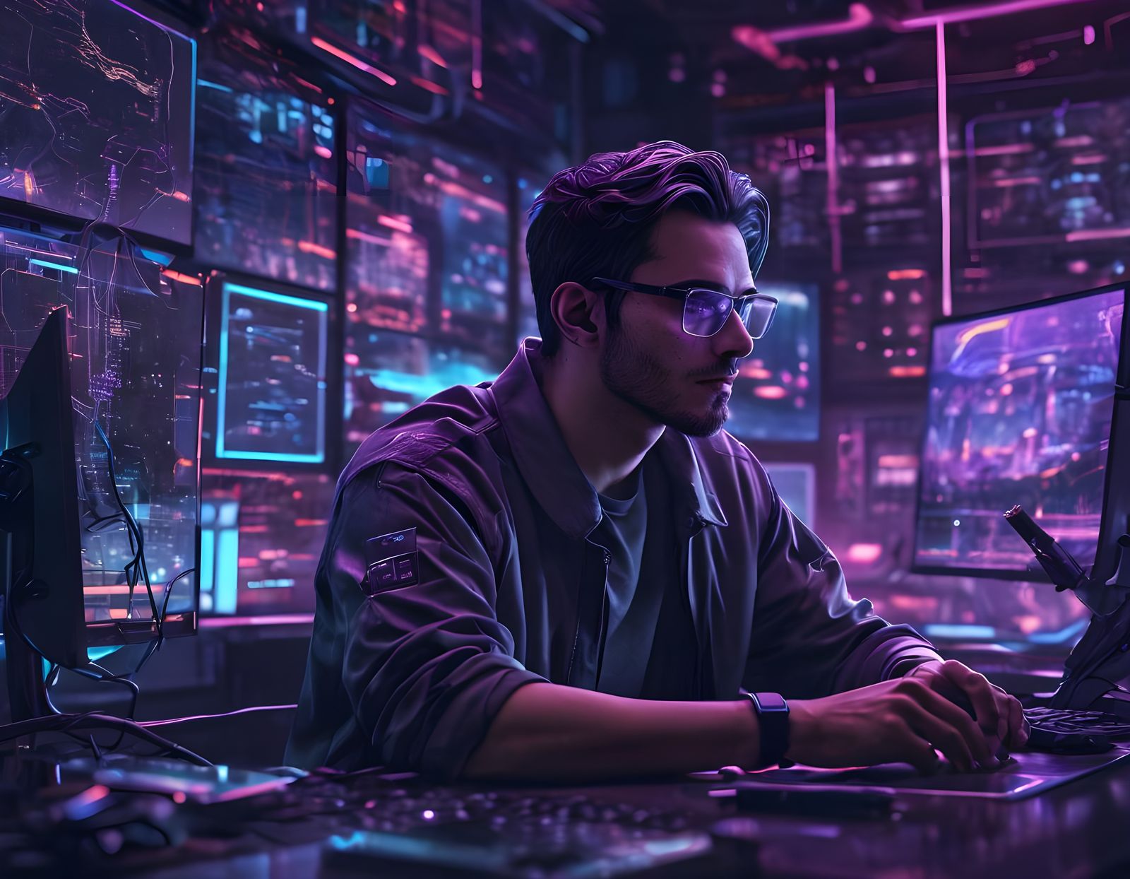 Person with Glasses at Multi-Monitor Desk