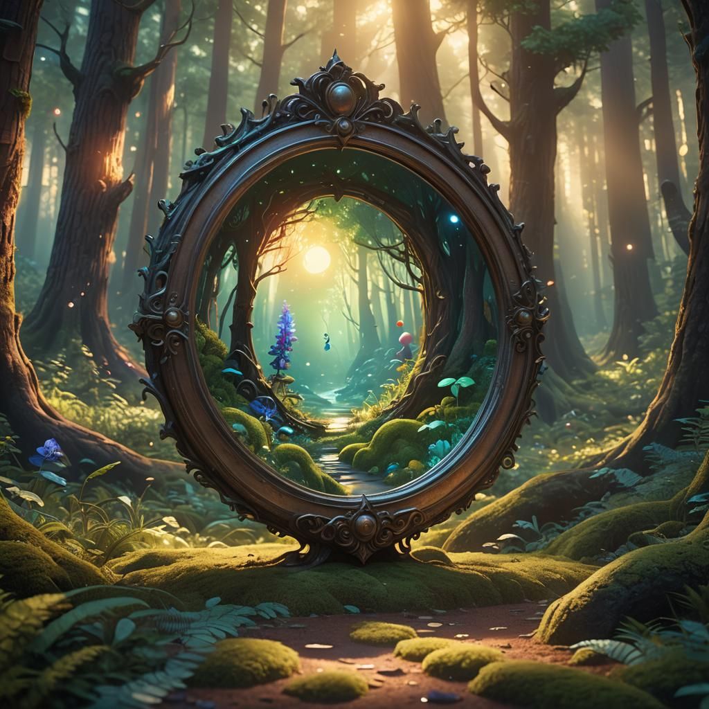 Mystical Mirror in Glowing Forest: Pixar Concept Art