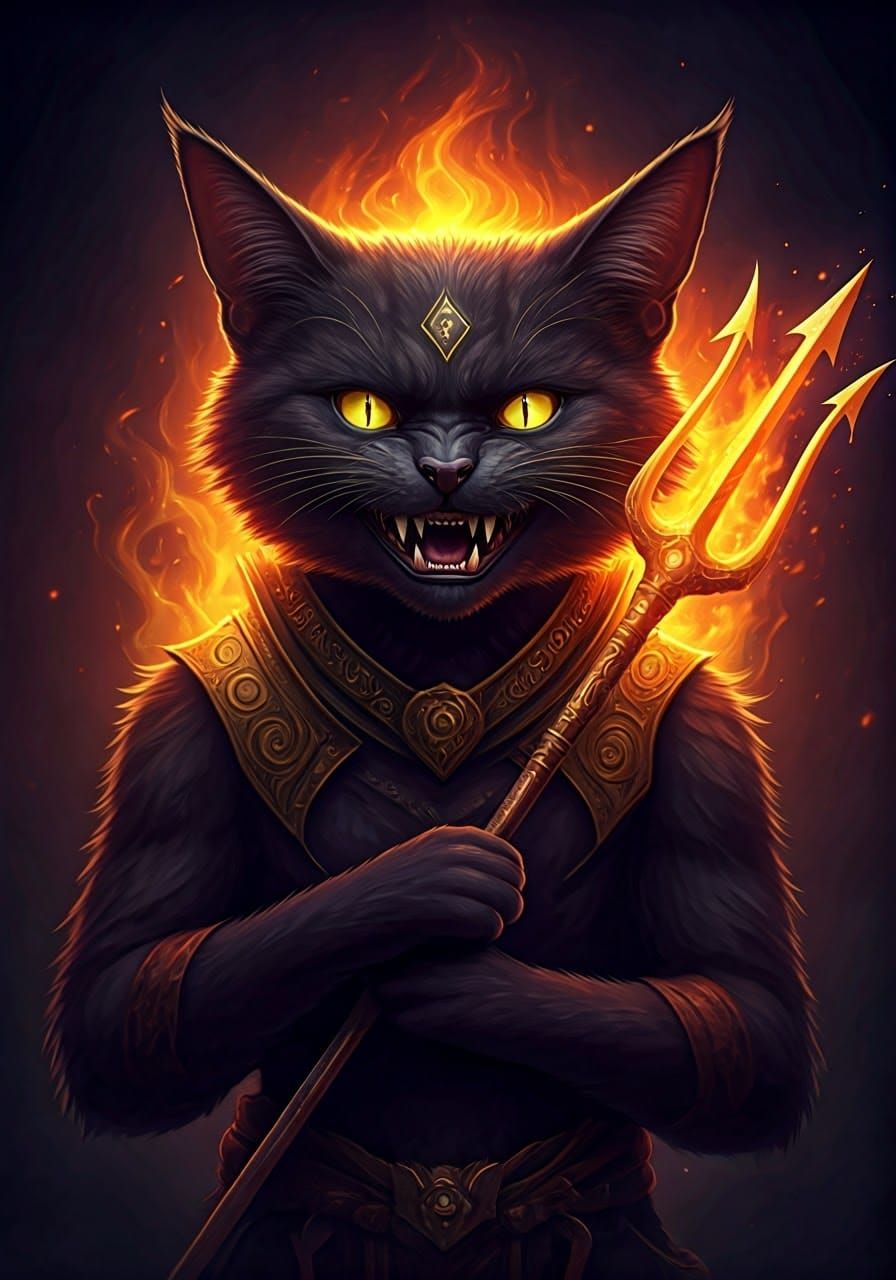 Sinister Black Cat Wields Fiery Trident