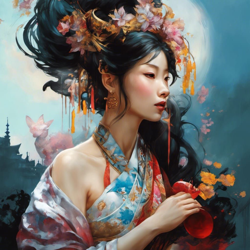 Dog Yokai with Floral Art Nouveau Elements