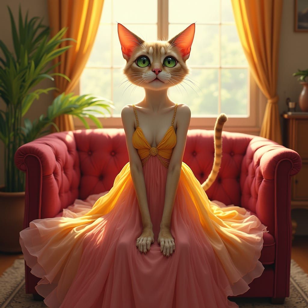 Elegant Cat Shouts from Velvet Sofa, Sunlight Streaming