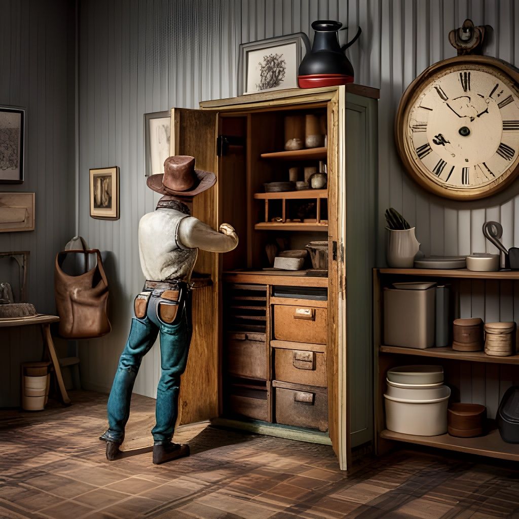 Miniature Cowboy Explores Cupboard: Detailed Digital Art