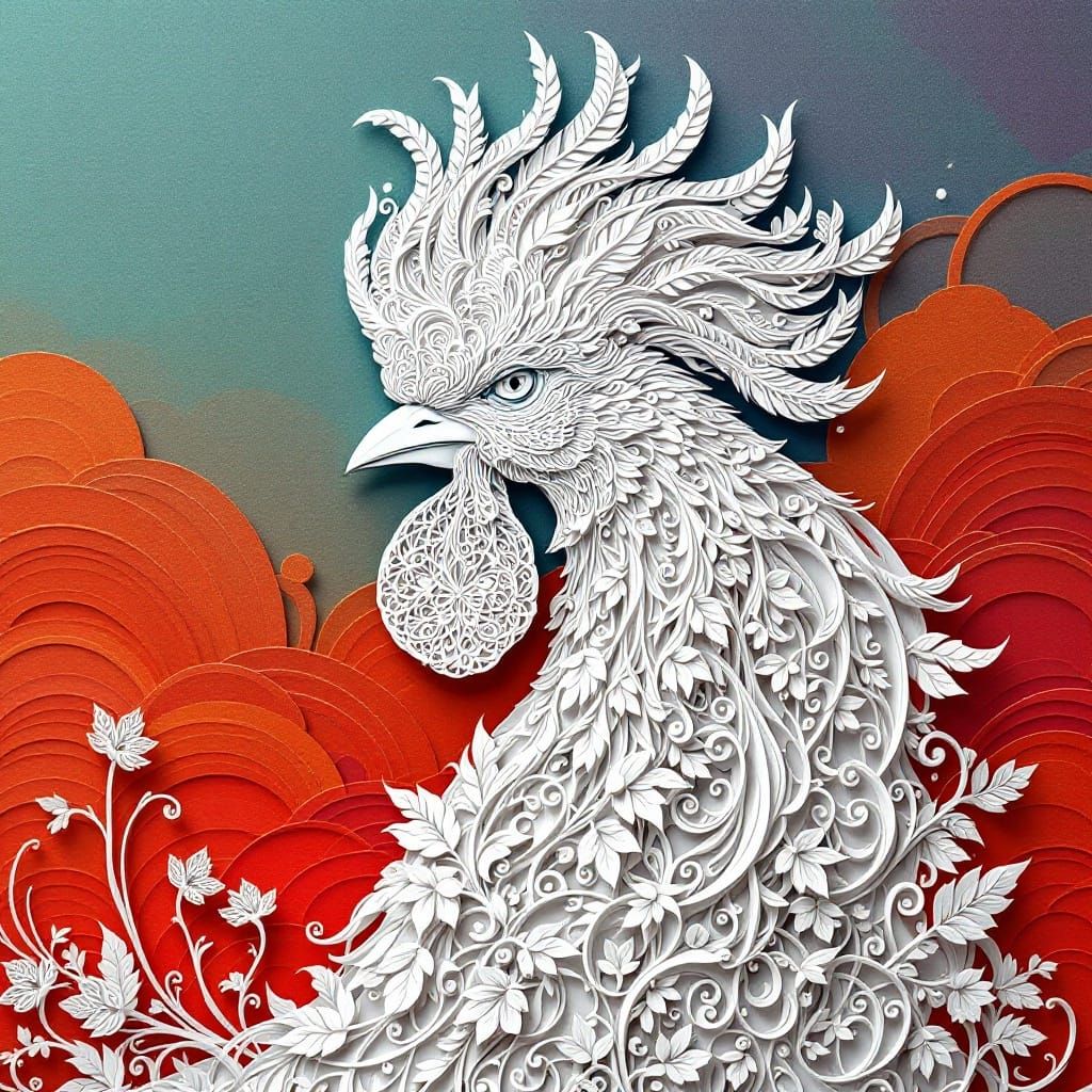 Rooster in Dimensional Papercraft Style