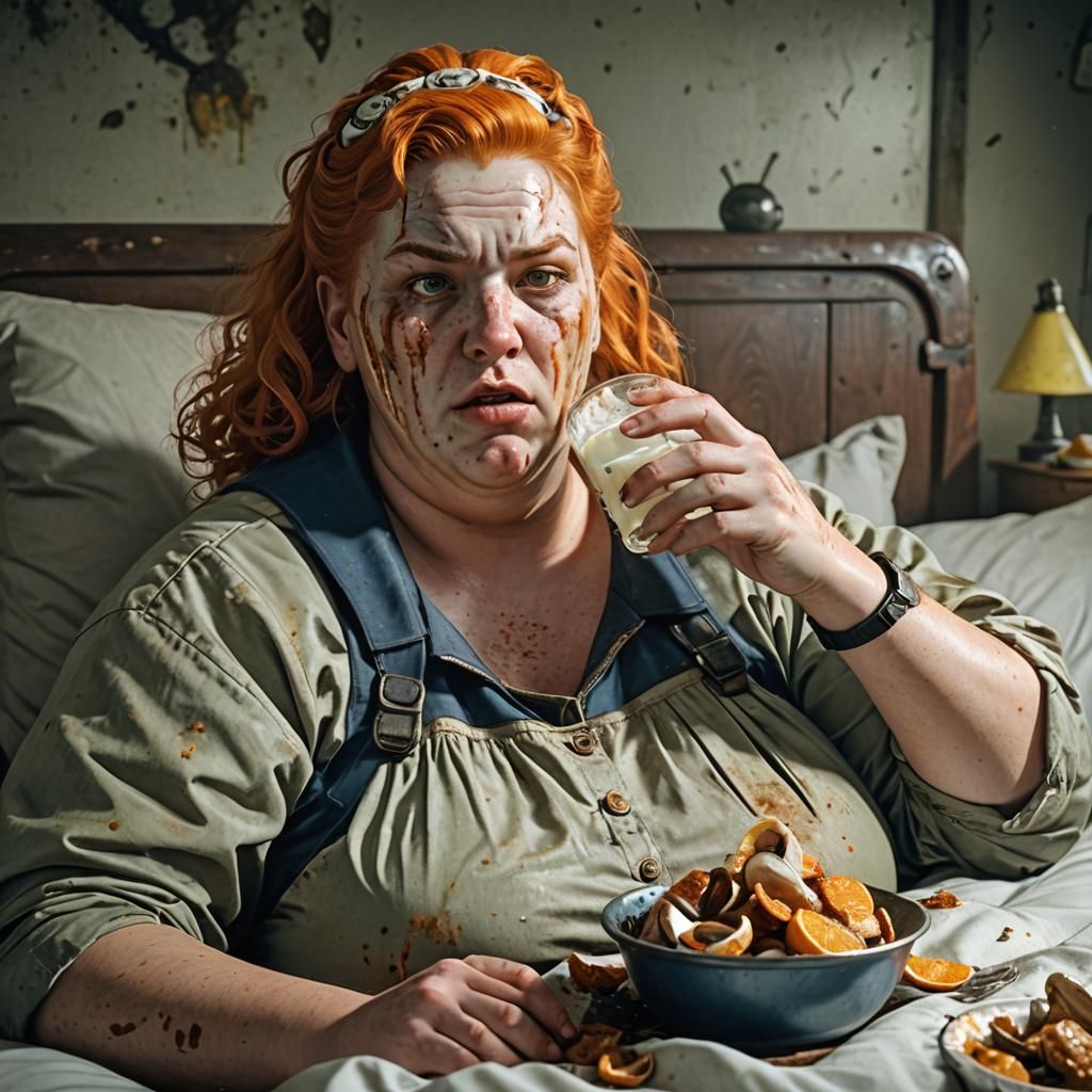 Overweight Woman Eating Clam in Bed: Cinematic Still