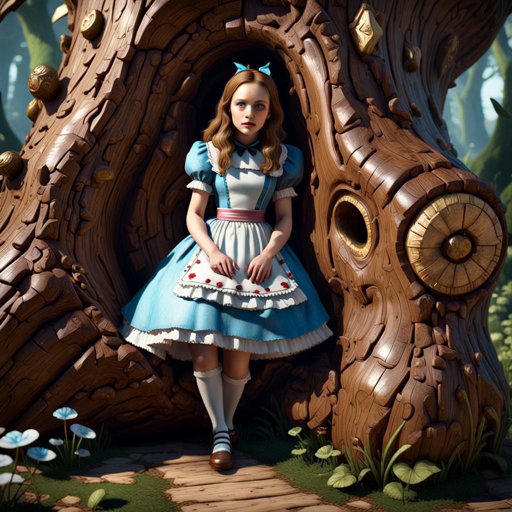 Alice in wonderland carved out walnut log,real detailed textures ,splintery wood , Wood varnished ,clear glazed over...