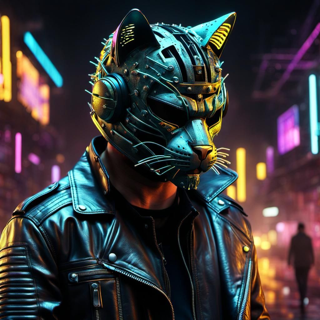 Cyberpunk Cat Helmet with Neon Wires, 3D Render