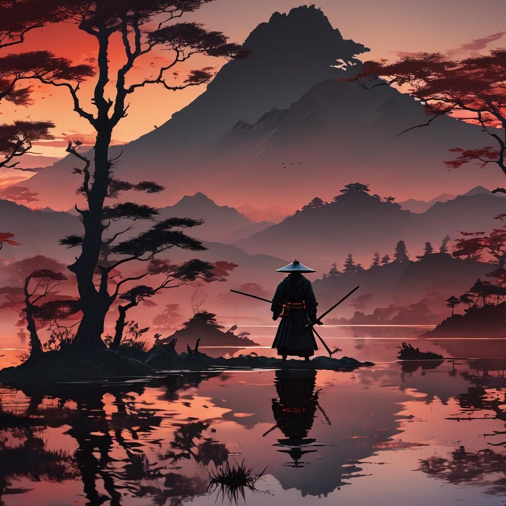 Samurai Silhouette at Sunset: A Mixed Media Collage