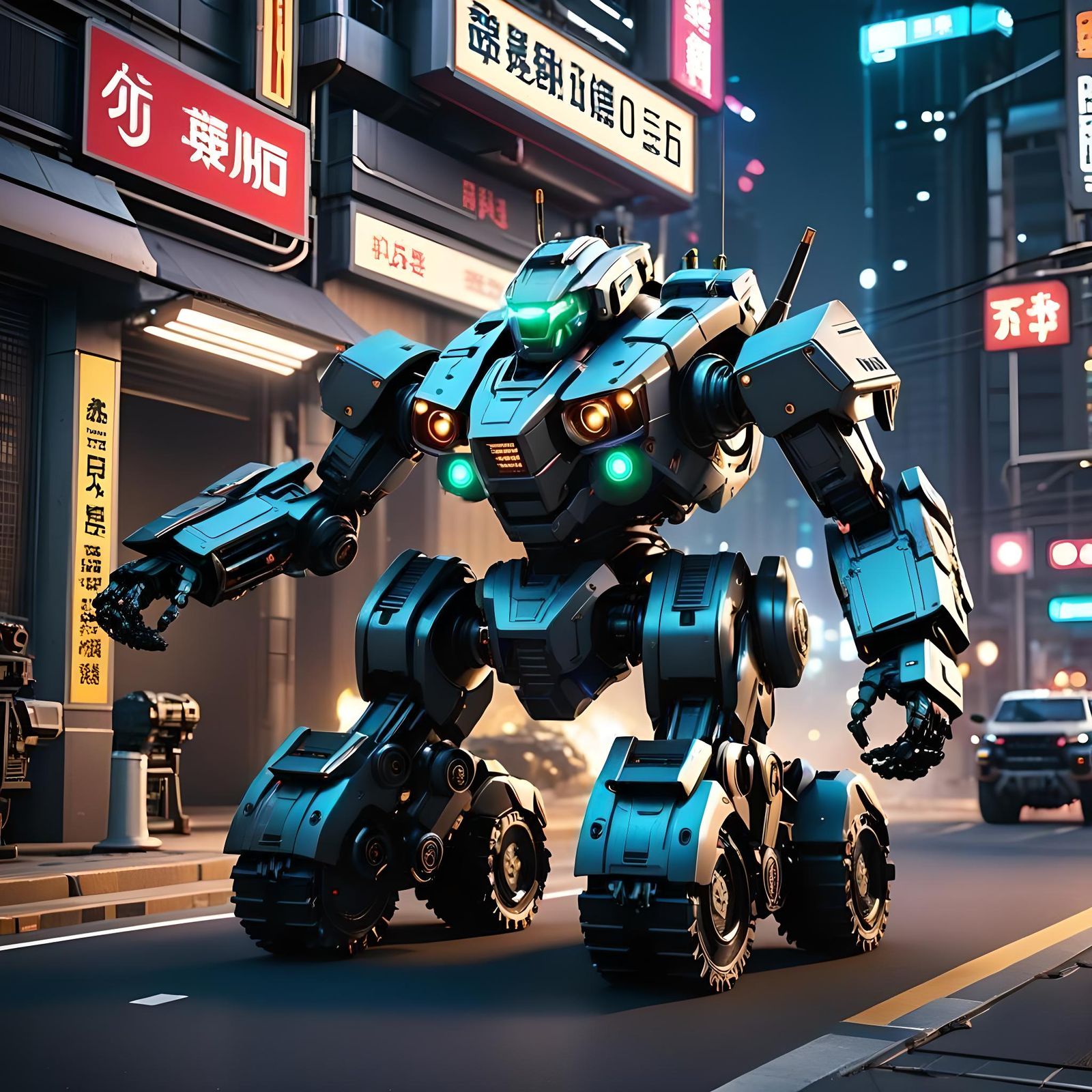 Futuristic Wheeled Battle Robot in Cyberpunk City