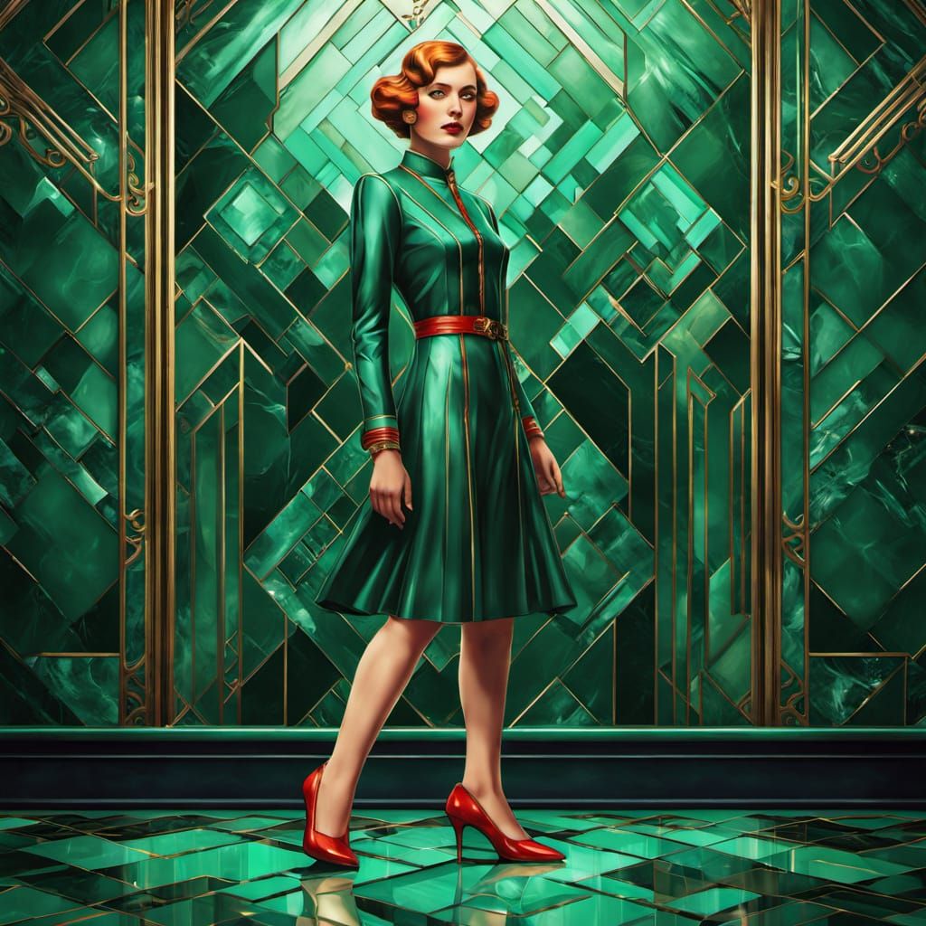 Elegant Art Deco Woman in Retro-Futuristic Luxury Setting