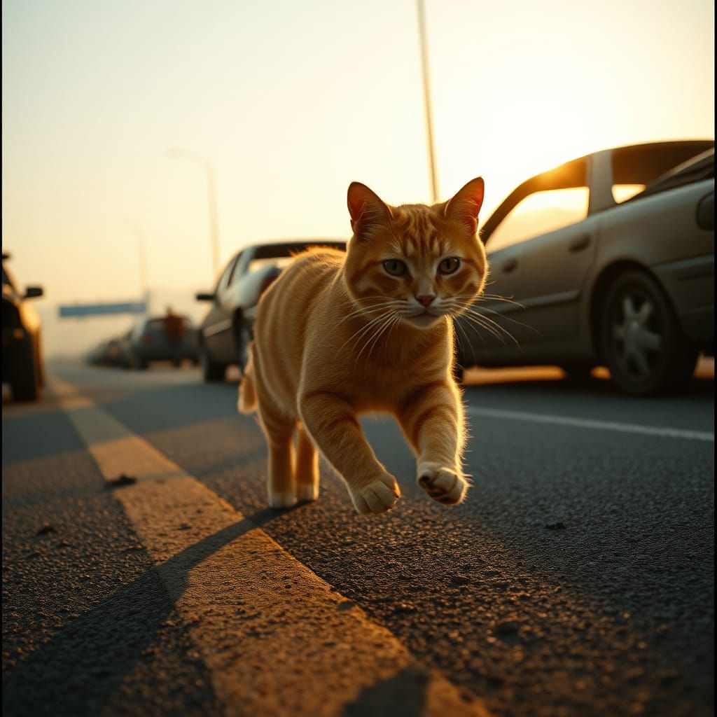 Orange Tabby Cat Runs on Desolate Freeway