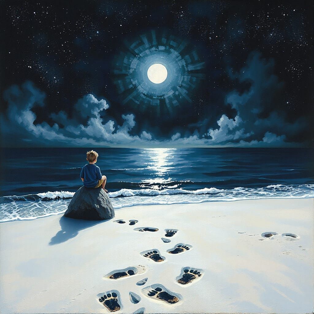 Boy and Wolf on Starry Beach at Night