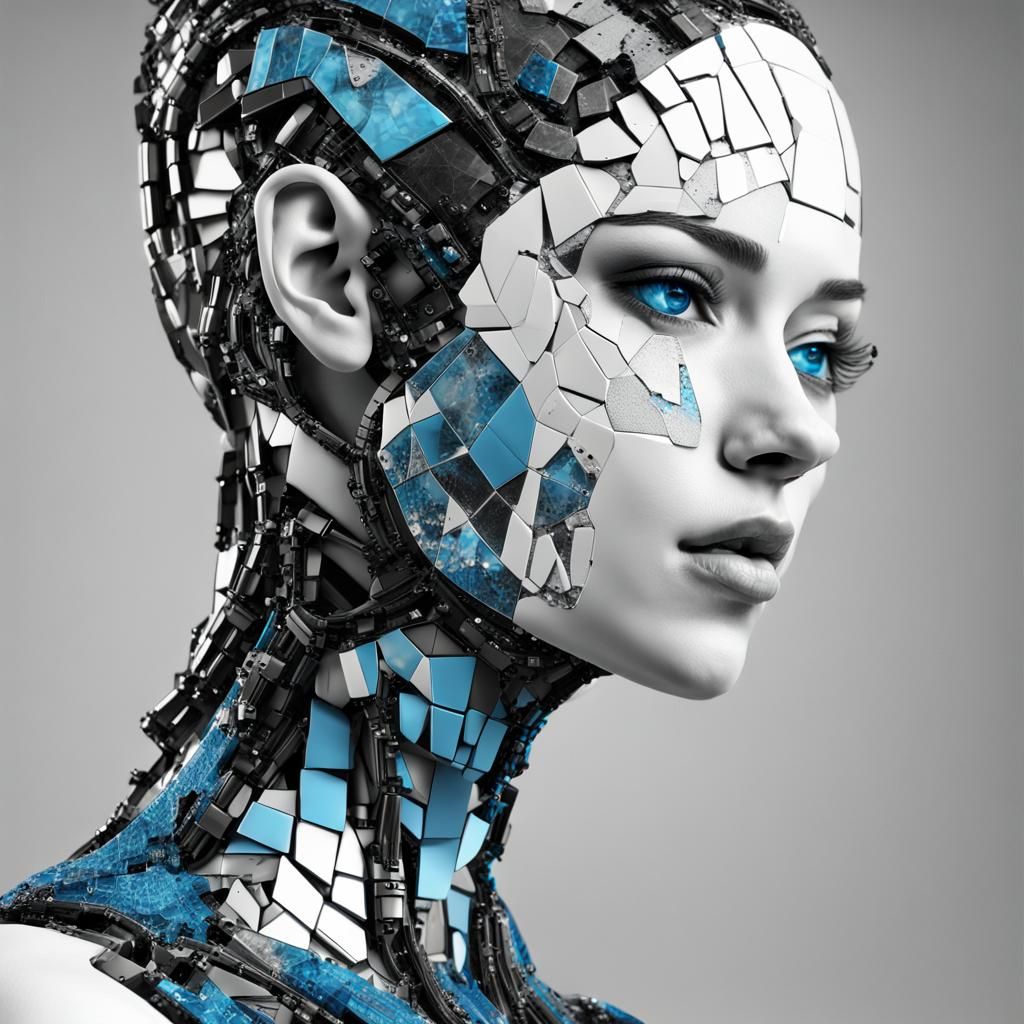 Cybernetic Woman with Digital Mosaic, Hyperrealistic Art