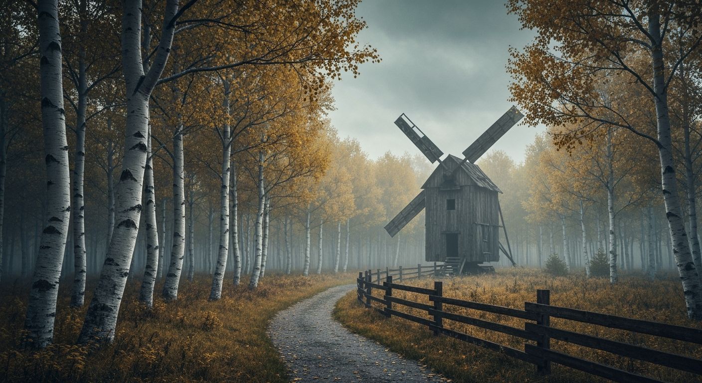Atmospheric Autumn Path to Dilapidated Windmill