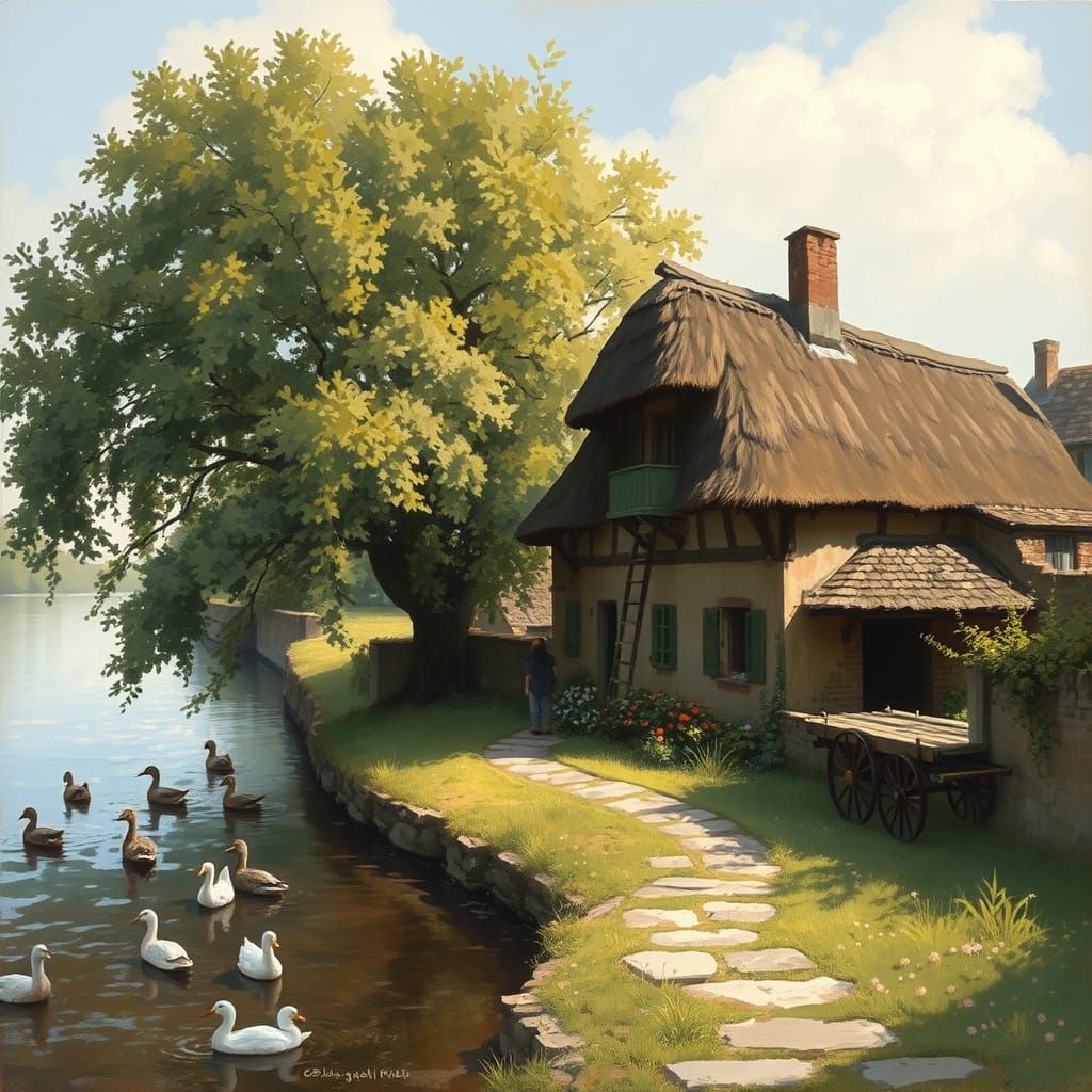 Idyllic Farmhouse by River in Impressionistic Style