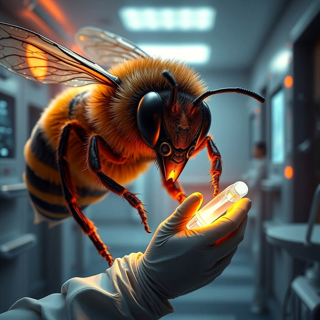 Anthropomorphic Bee Nurse in a Futuristic Hospital