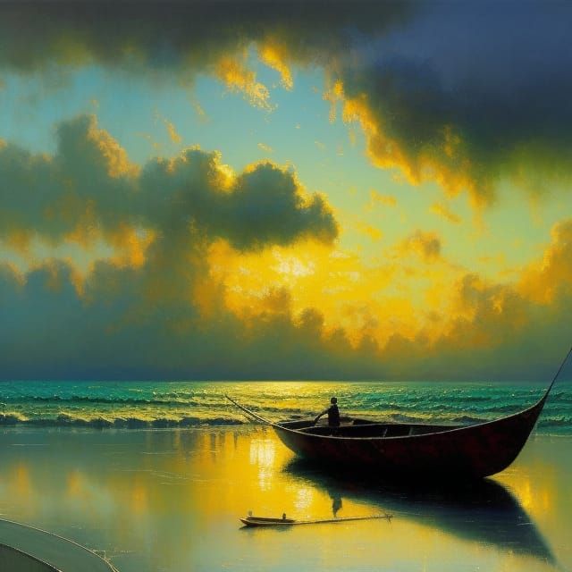 Fisherman at Sunset: Hyperrealistic Matte Painting