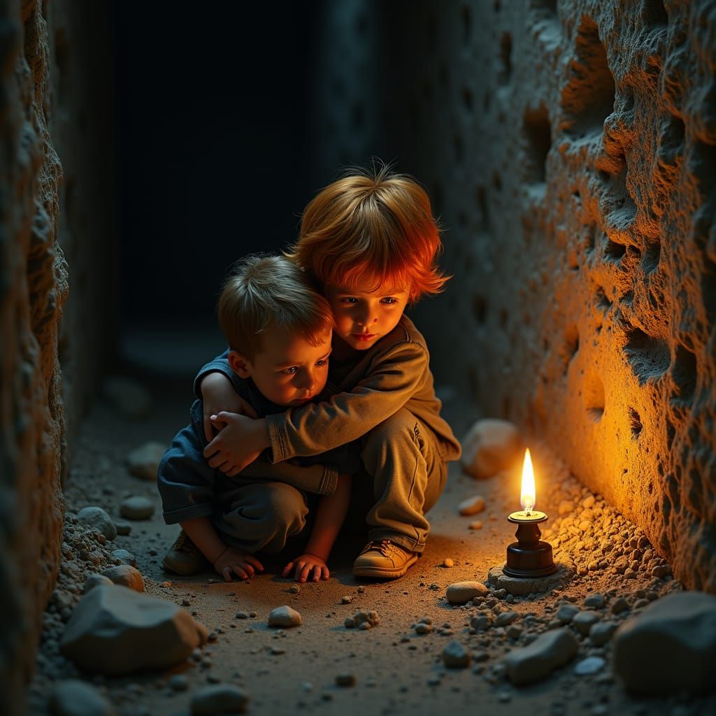 Brothers Await Rescue in Gaza, Detailed Matte Painting