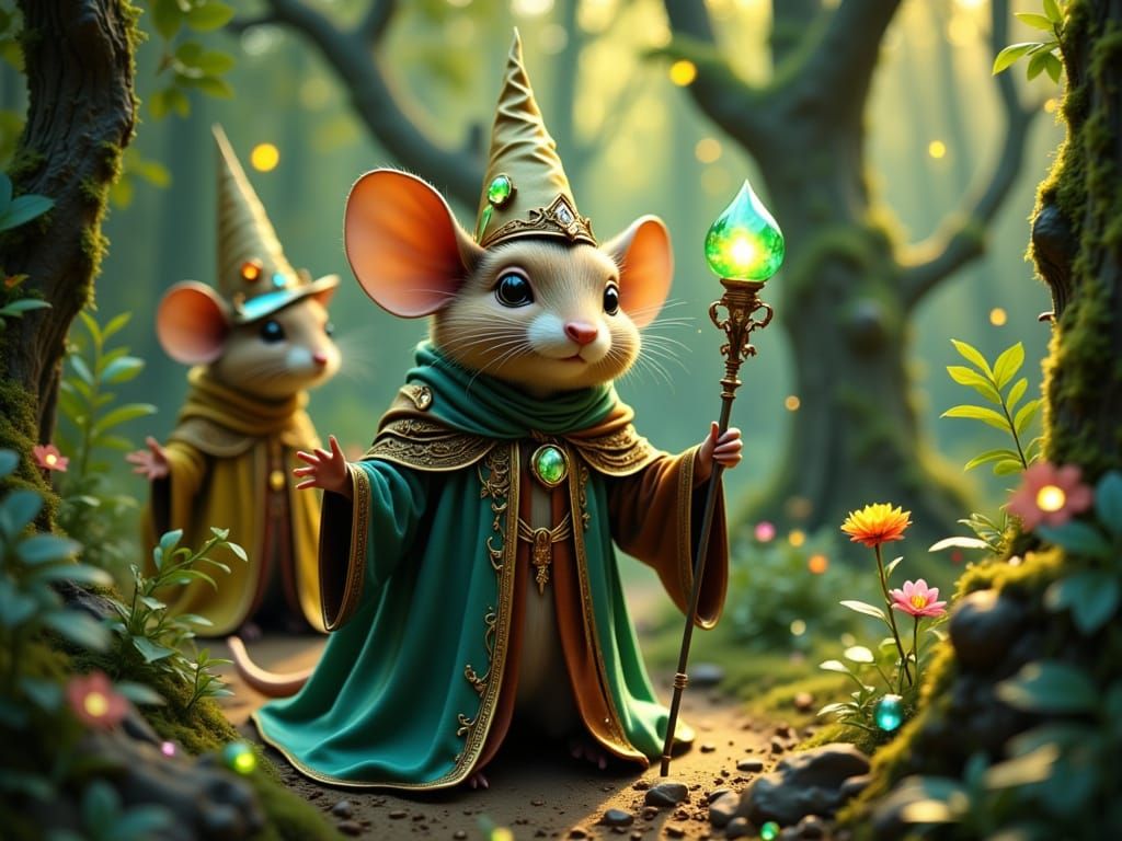 Whimsical Woodland Mice Wizards in Earth-Toned Robes