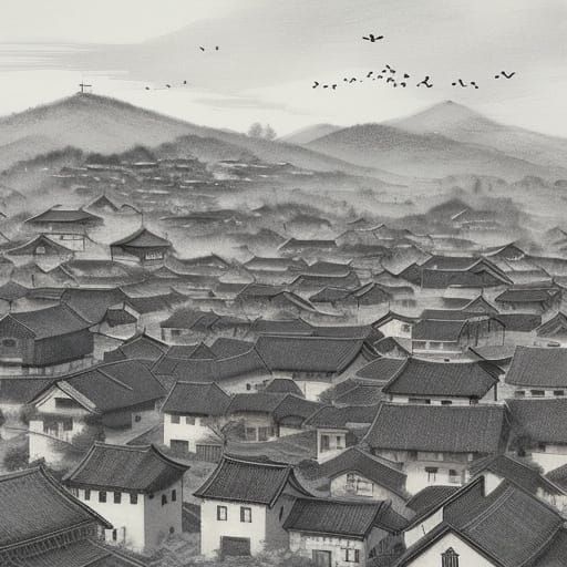 Ink Wash Village Scene with Flying Birds