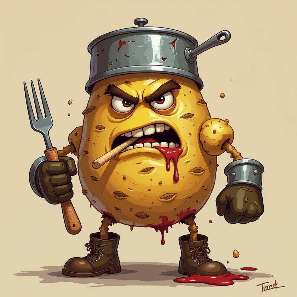 Cartoon Potato Brawler with Kitchen Armor