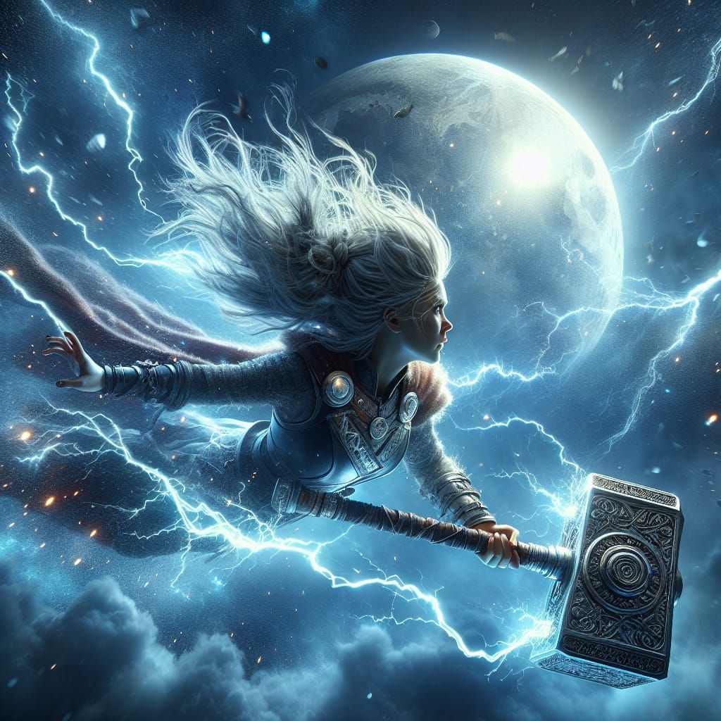 Female Warrior Descends with Lightning in Hyperrealism