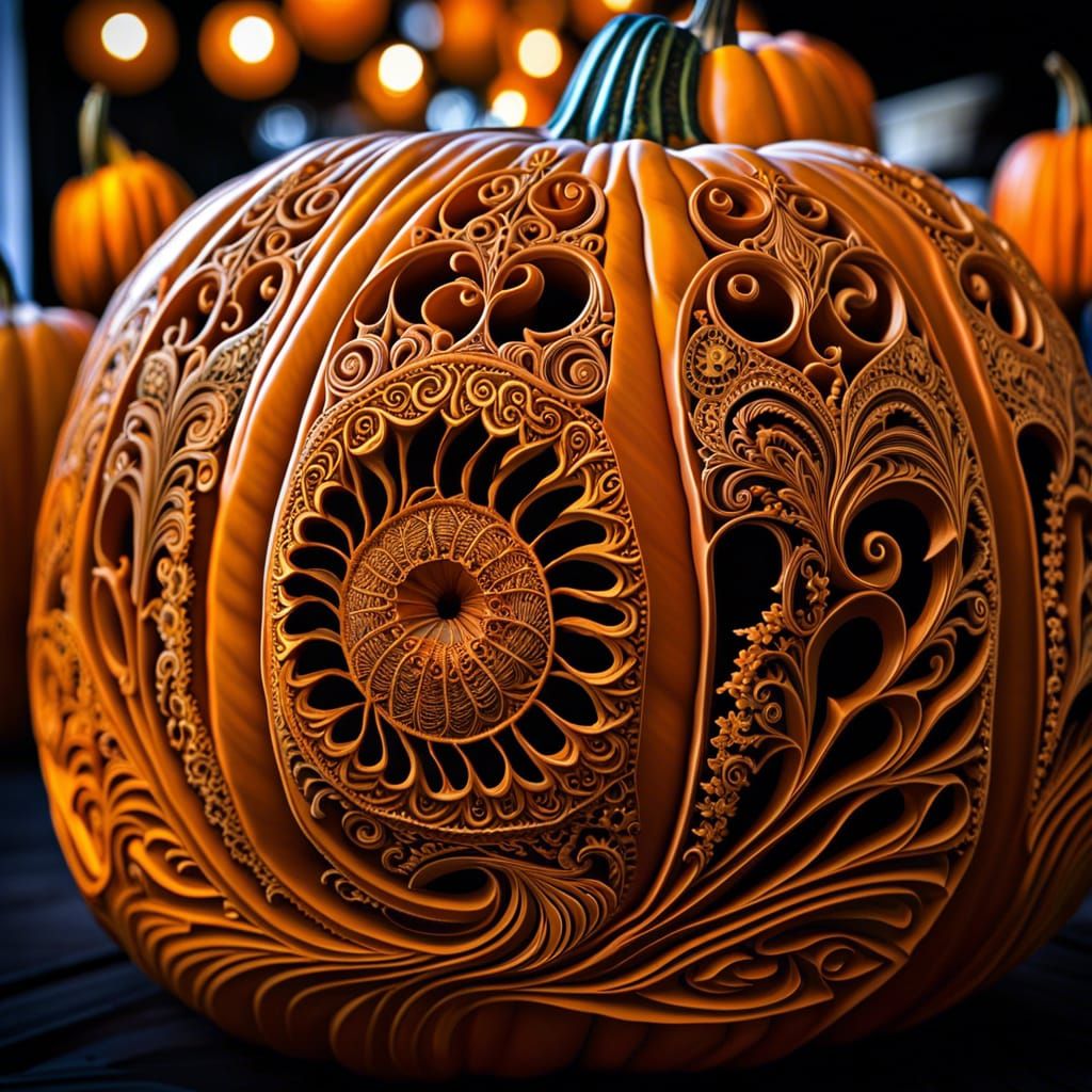 Intricately Carved Halloween Pumpkin with Fractal Design