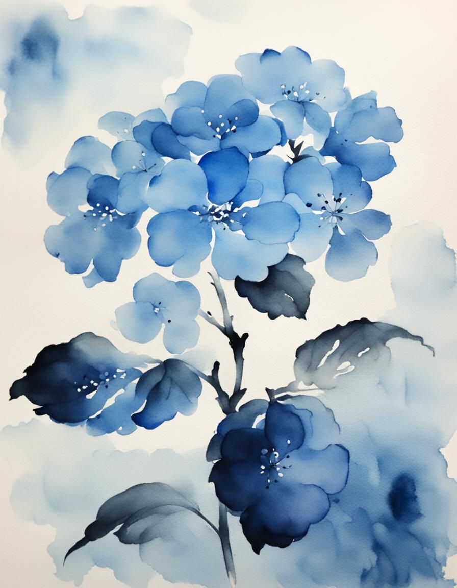 Elegant Blue Hydrangea in Misty Chinese Watercolor