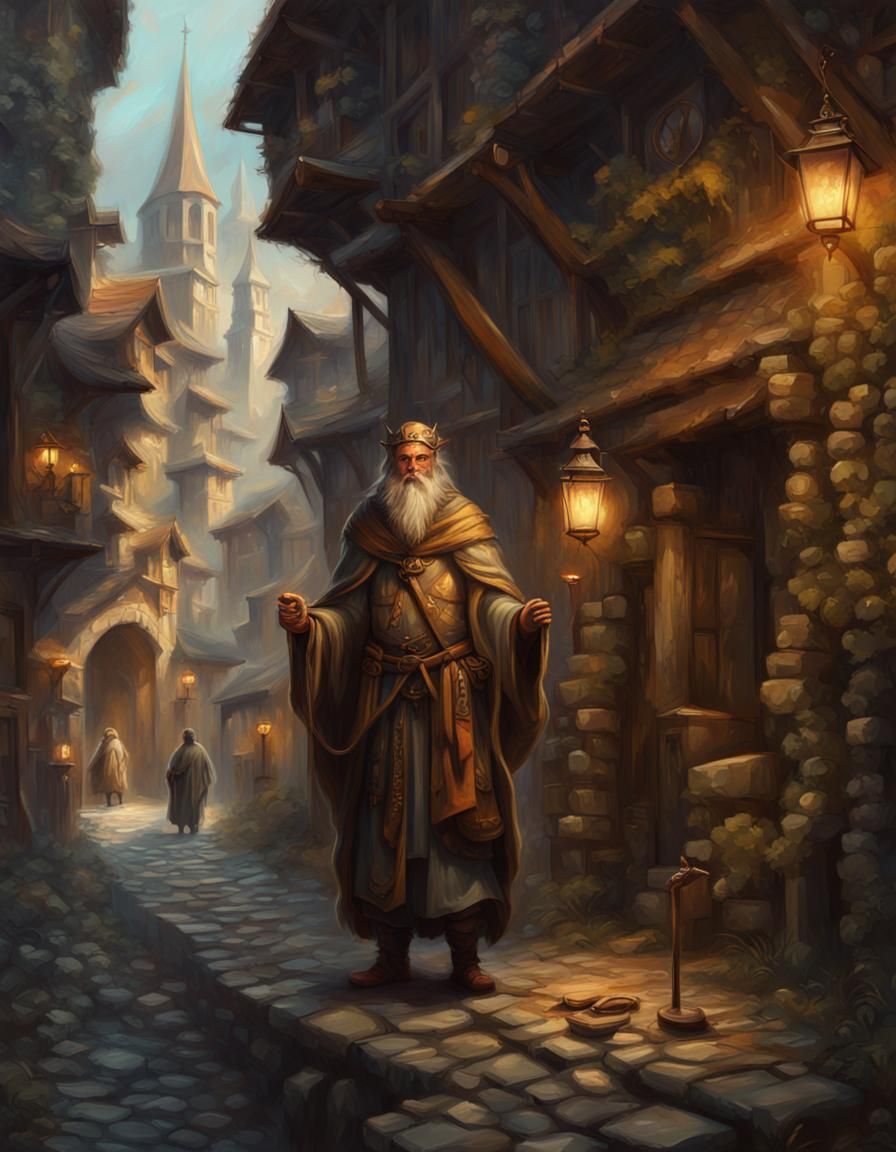 Medieval City Druid: Detailed Oil Painting