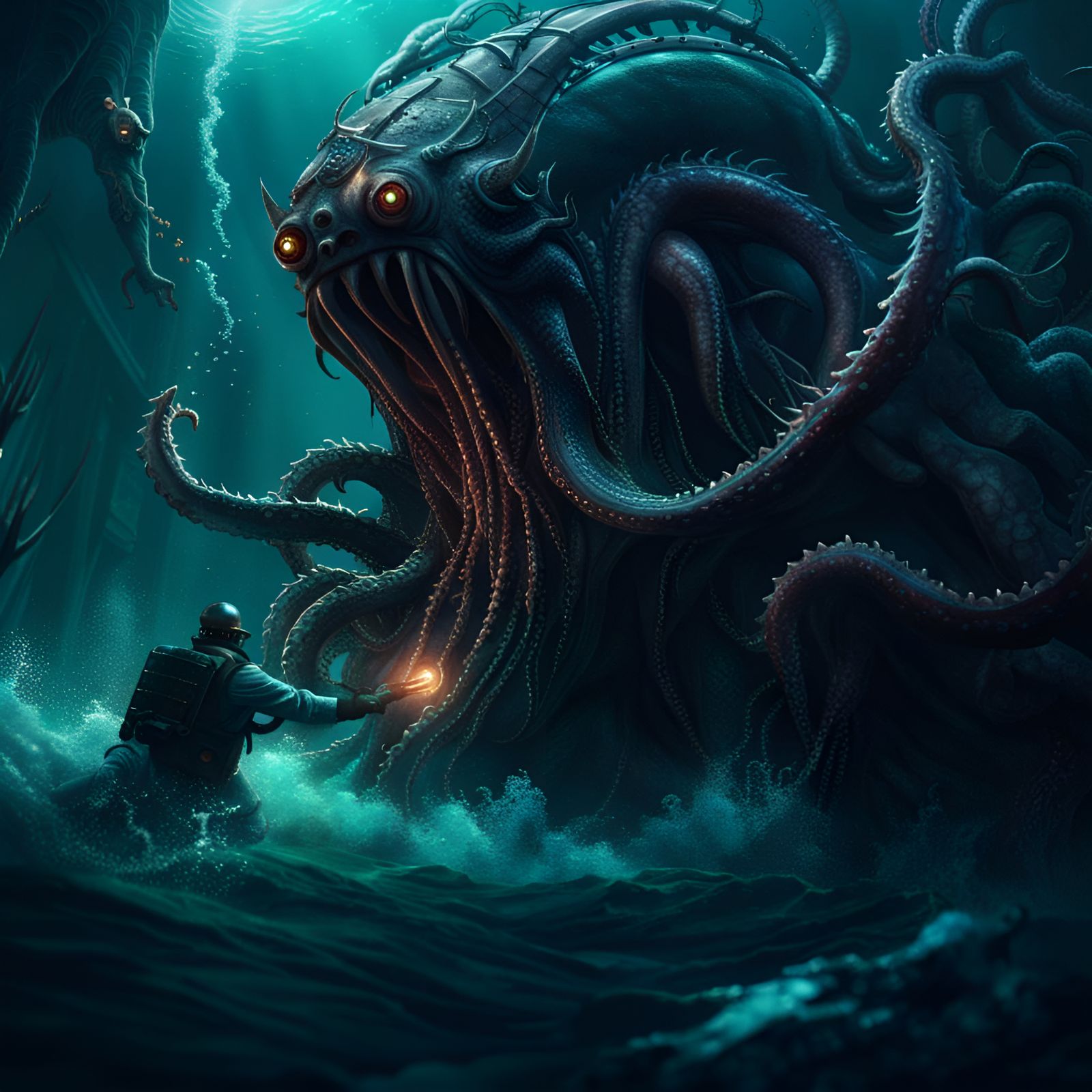 Lovecraftian Creature Attacks Submarine in Deep Color