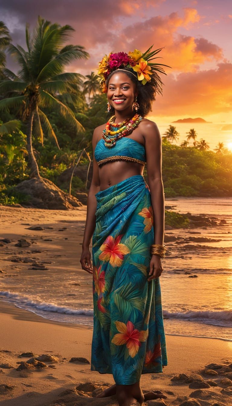 Fijian Goddess Embracing Sunset Serenity