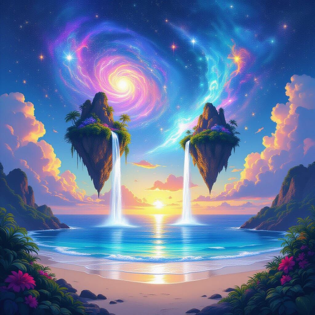 Floating Islands with Waterfalls Above Tropical Beach in Cos...