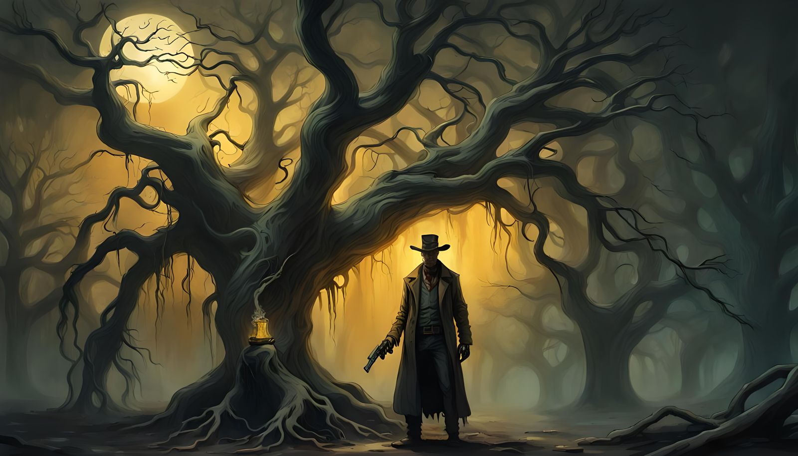 Haunted Outlaw's Revenge in Eerie Western Landscape