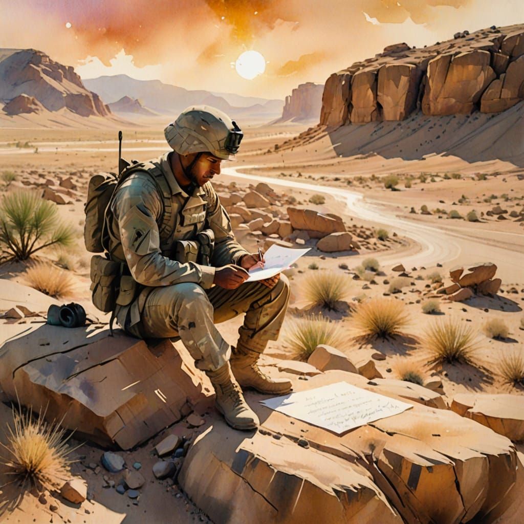 Soldier Contemplates Life in Desert Sunset
